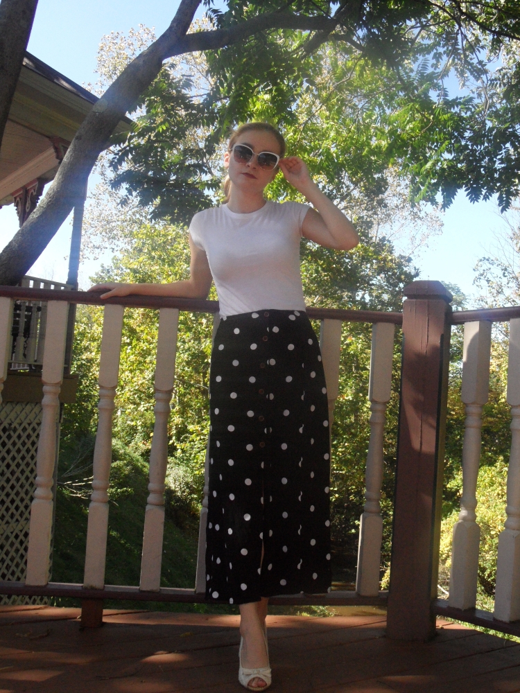 long polka dot skirt outfit